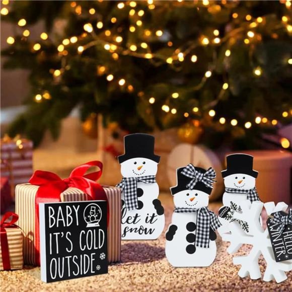 Christmas Tiered Tray Decor - Snowman w/ Buffalo Plaid Ribbon, Wooden Snowflake - Picture 7 of 7